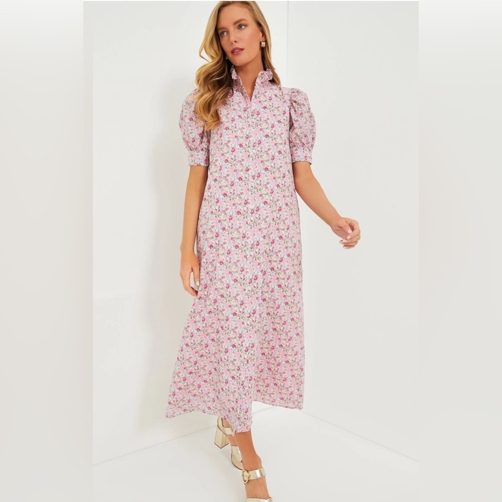 Women's Pink Floral Button-Front Midi Dress